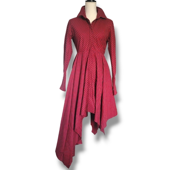 Petersyn Sutton Tartan Red Plaid Cotton Asymmetric A-line Midi Dress Size Small - Picture 1 of 15